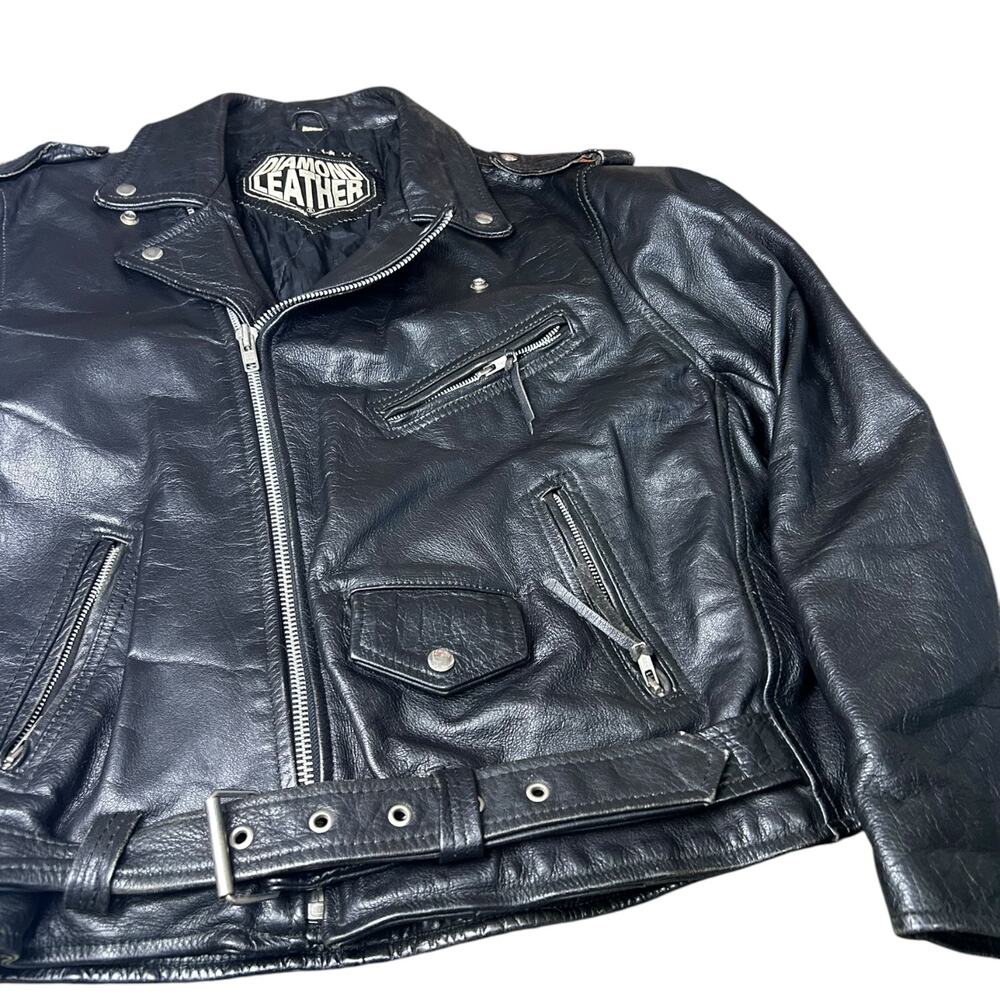 Diamond Leather Black Moto Jacket Motorcycle Biker Style size 48 Vintage Zip Up - Picture 11 of 12